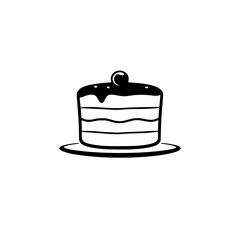 Black and white minimalist cake illustration featuring layered design, dark icing, cherry on top, and a plate against a white background.