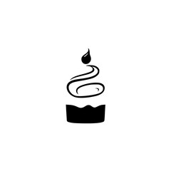 A minimalist black and white cupcake logo with a stylized swirl and a drop shaped top element set against a white background.