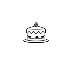 Minimalist black and white cartoon image of a layered cake with candle on top, set against a blank white background, conveying celebration and joy.