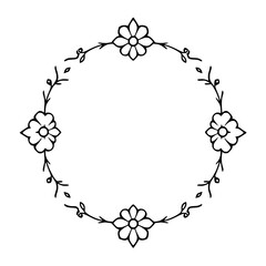 Minimalist Floral Wreath with Decorative Vine, Four Flowers, and Simple Black Line Art on White Background.