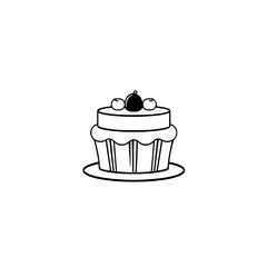 Monochrome line art illustration of a tiered cake with three fruits on top, on a simple plate, set against a white background.