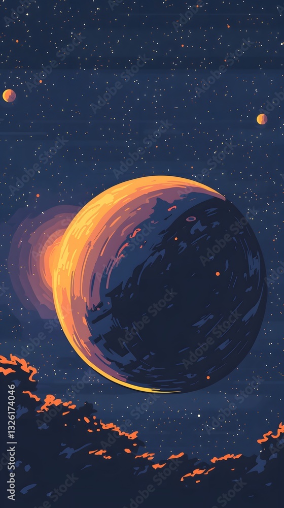 Poster striking image of a planet in the sky with minimalist cosmic setting illuminating the celestial envi