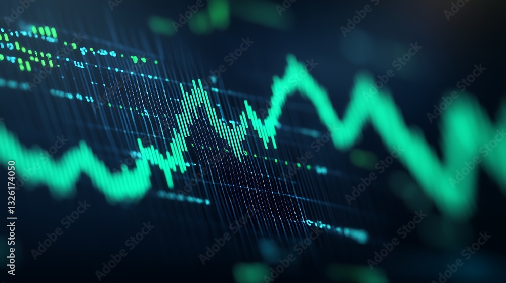 Poster abstract digital stock market chart with green graph lines and data visualization elements for finan