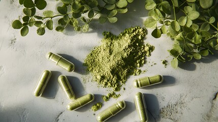 Fresh, organic Moringa leaves in vibrant green are a natural supplement that brings the earth’s nourishment directly to your wellness routine.