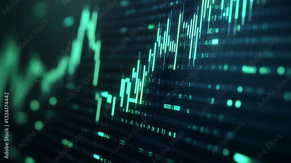 Poster abstract digital stock market data visualization with green graph and numbers on dark background
