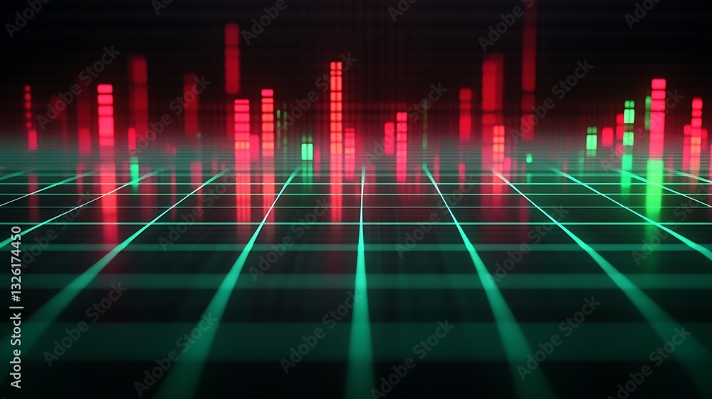 Aufkleber abstract digital stock market data visualization with red and green candlestick indicators on dark b