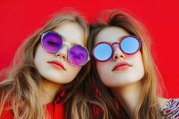 Two friends posing together wearing matching purple sunglasses on a bright red background