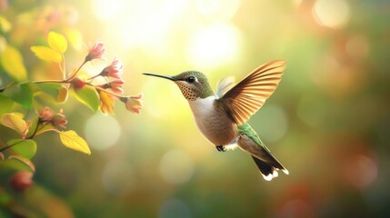 Naklejka premium A beautiful hummingbird is hovering near a flower blossom