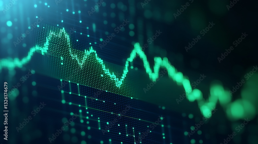 Poster abstract digital stock market graph with green line and dots on dark background showing trends and f