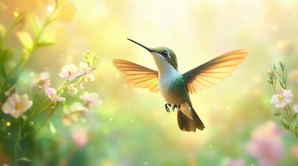 Fototapeta premium A Delicate Hummingbird Fluttering Near Blossoming Flowers In Sunlight
