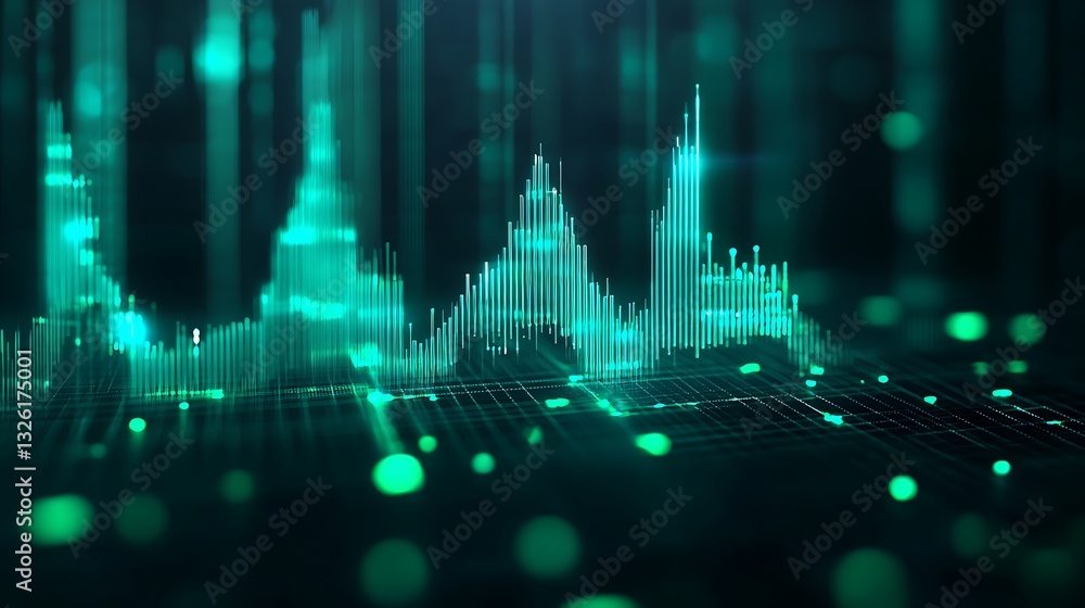 Poster abstract digital visualization of data waveforms with bright green and black background in futuristi