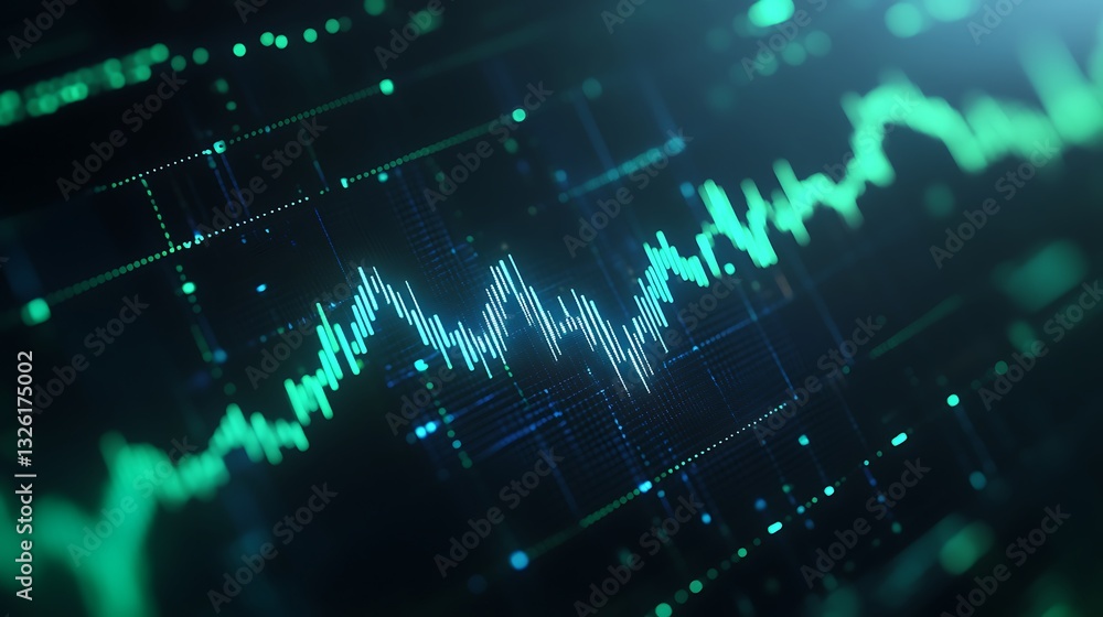 Poster abstract digital visualization of data trends with green and blue light patterns on a dark backgroun