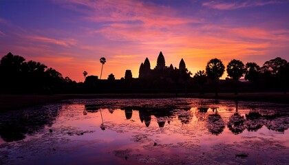 Fototapeta premium Majestic silhouette of Angkor Wat temple set against a breathtaking vibrant orange and purple sunrise. A stunning depiction of historical grandeur and natural beauty