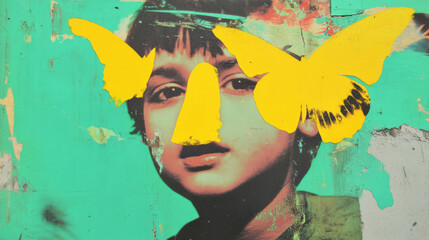 Vibrant street art with yellow butterflies on abstract portrait background