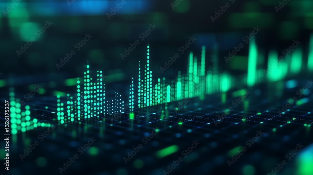 Poster abstract digital visualization of data with bright green bars and dots on a dark background for tech