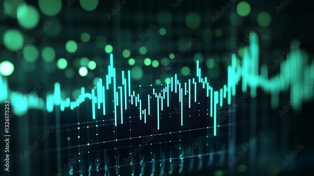 Poster abstract digital visualization of green data graph with blurred light and bokeh effect for financial