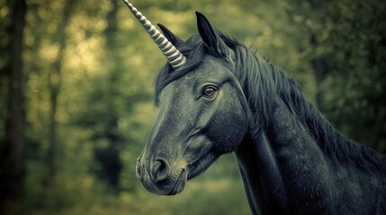 Close-up of a horse with a distinctive horn on its forehead, suitable for fantasy or mythology themed projects