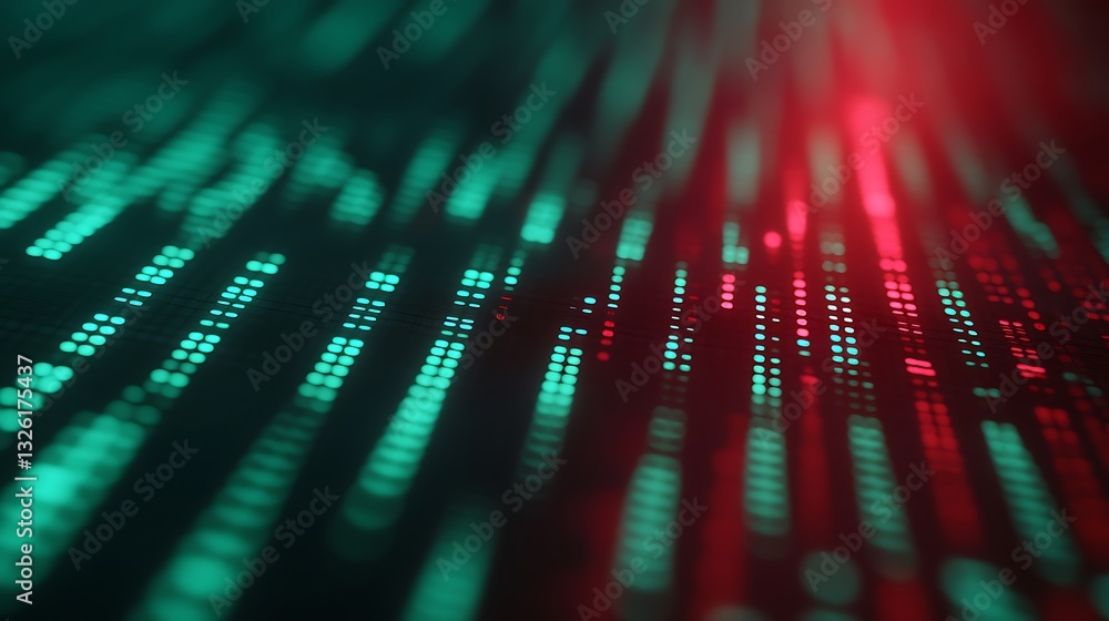 Poster abstract digital visualization with green and red light patterns on black background for technology 