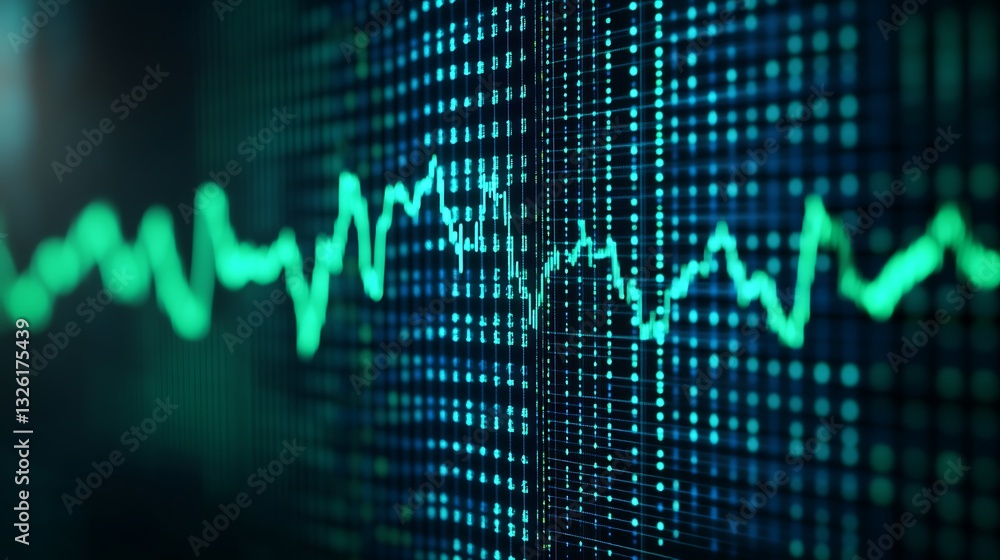 Aufkleber abstract digital visualization of waveform with neon green and blue elements on a dark background