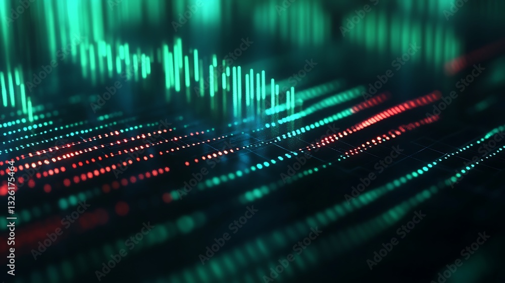 Poster abstract digital visualization with green and red lines representing data flow and analysis in a fut