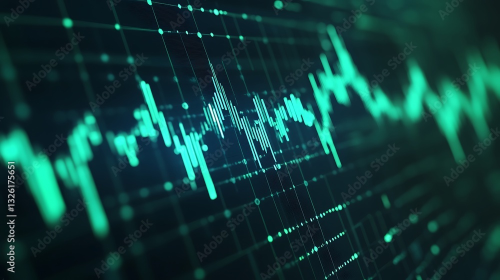 Poster abstract digital waveform visualization in green color palette with data representation and dynamic 