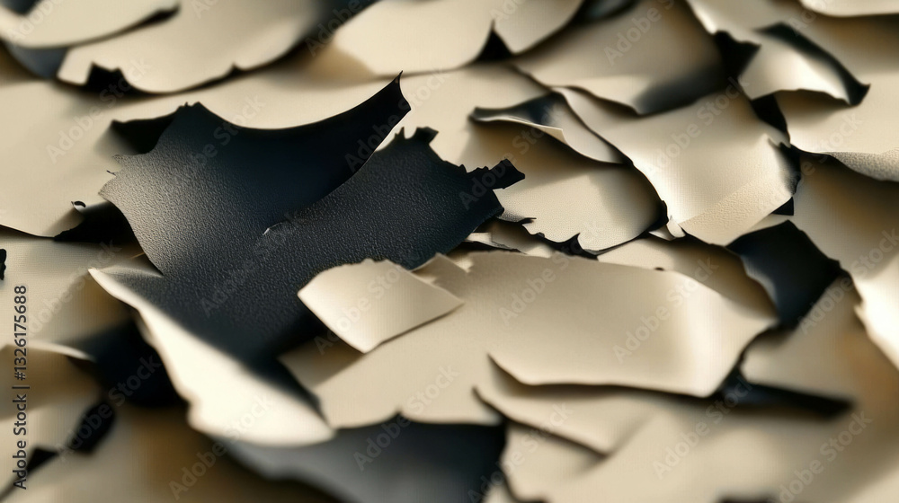 Poster texture of torn burnt paper and white ash chaos for abstract design and creative projects