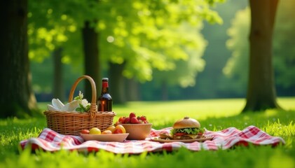 Intimate picnic scene, lush green background, sunny day, nature, relax, food