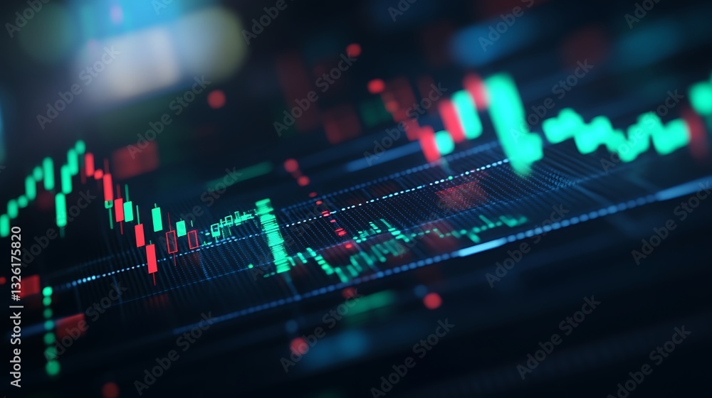 Poster abstract display of stock market data with colorful graphs and candlestick charts visualizing financ