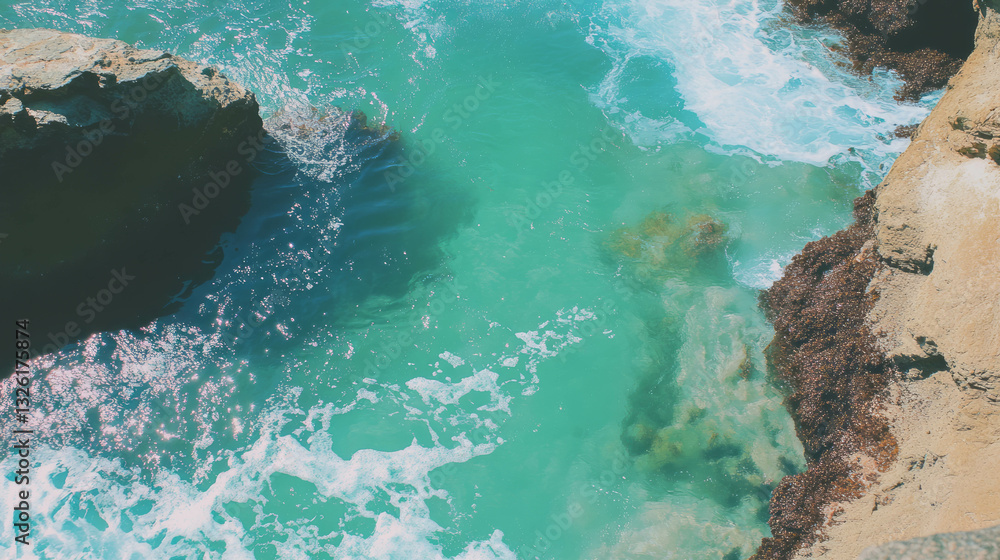 Poster turquoise tide pools and sand texture in coastal chaos for nature design