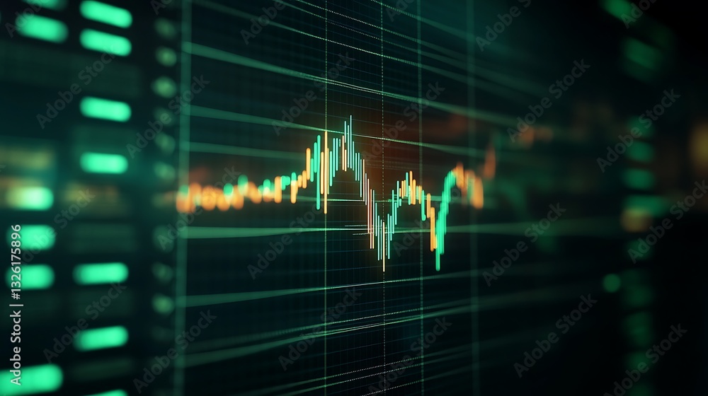 Poster abstract financial chart displaying data trends on digital screen with green and orange graph lines