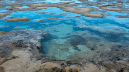 Tranquil turquoise sand and tide pools with natural texture for coastal decor or design