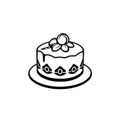 Simple, Elegant Black and White Line Art Illustration of a Decorated Round Cake with Floral Topping on a Plate.