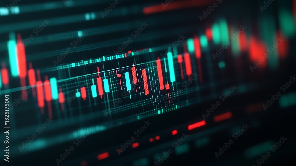 Poster abstract financial chart visualization with colorful candlestick patterns and data elements on a dar