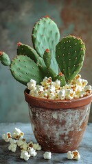 A prickly pear cactus planted in popcorn “soil” offers a whimsical, conceptual contrast, merging organic textures with unexpected, surreal beauty.
