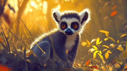 Fototapeta premium A Cute Ring Tailed Lemur Posed Within Lush Golden Sunlight