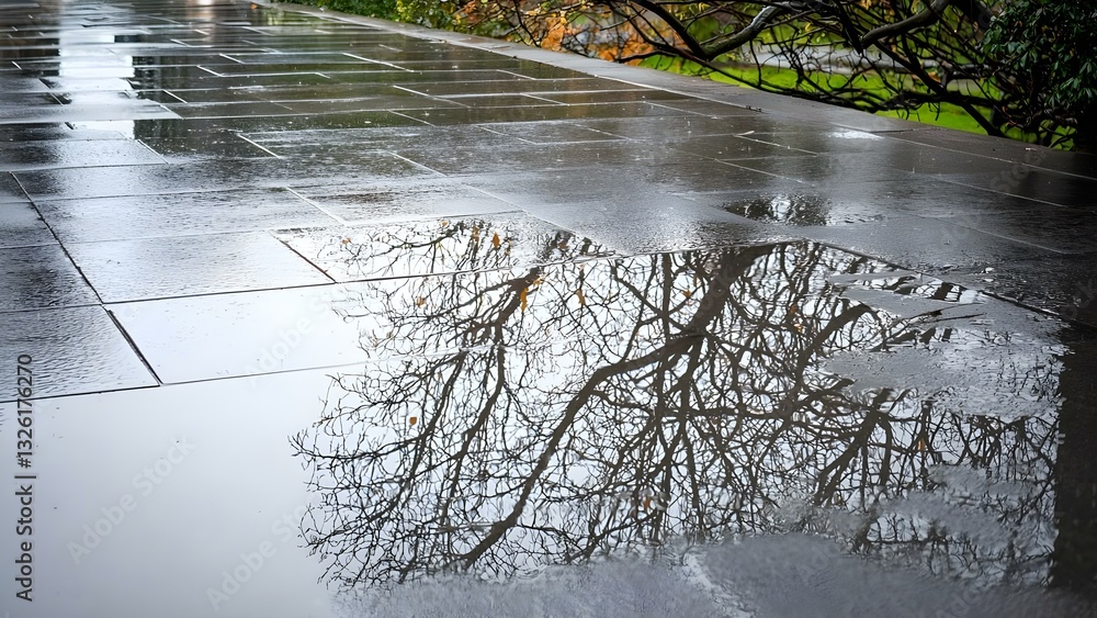 Poster a wet pavement reflects a bare tree and surrounding greenery, creating a serene and tranquil scene. 