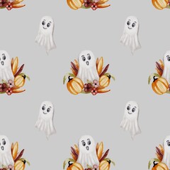 Charming Halloween pattern featuring friendly ghosts and autumn harvest elements