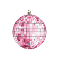 Fototapeta premium Shiny pink disco ball hanging against a white background.