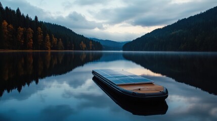 A floating solar farm on a calm lake, harnessing renewable energy efficiently