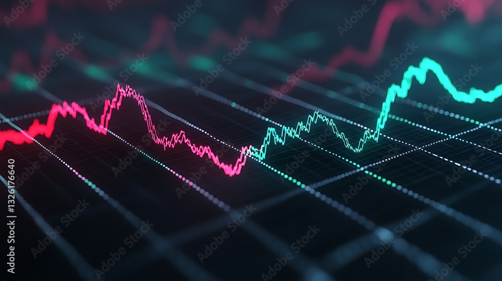 Poster abstract financial chart with colorful line graphs displaying positive and negative trends in market