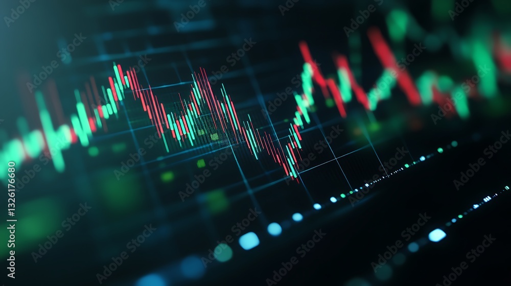 Poster abstract financial chart with colorful lines and data points representing market trends and stock an