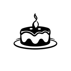 Minimalist black and white cake icon with candle, a dessert graphic on a white background.