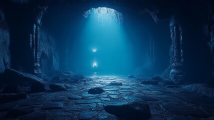 A quiet, eerie empty cave with a low ceiling and small, jagged rocks scattered across the floor 