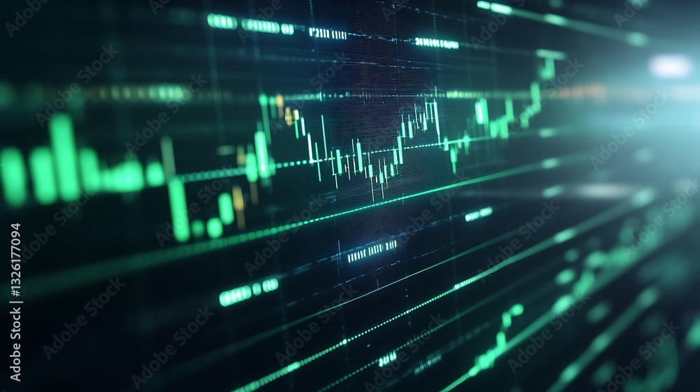 Poster abstract financial chart with green data lights and digital patterns for business and technology the