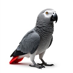 Obraz premium Highly detailed realistic photograph of an African grey parrot isolated on a white background showcasing its vibrant feathers and intelligent expression