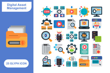 Digital Asset Management Flat Icon Set, Collection of 25 Digital Asset Management Flat Icon Set – 25 File, Cloud, and Data Management Icons