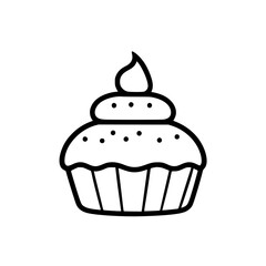 A Simple, Illustrated Cupcake in Bold Black Outline on White, Featuring Swirl Icing and Dots
