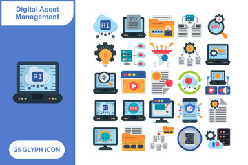 Digital Asset Management Flat Icon Set, Collection of 25 Digital Asset Management Flat Icon Set – 25 File, Cloud, and Data Management Icons