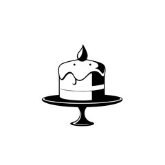 Minimalist Cake Design: Monochromatic cake icon with layered frosting on a cake stand, featuring a teardrop-shaped top element, isolated on white.