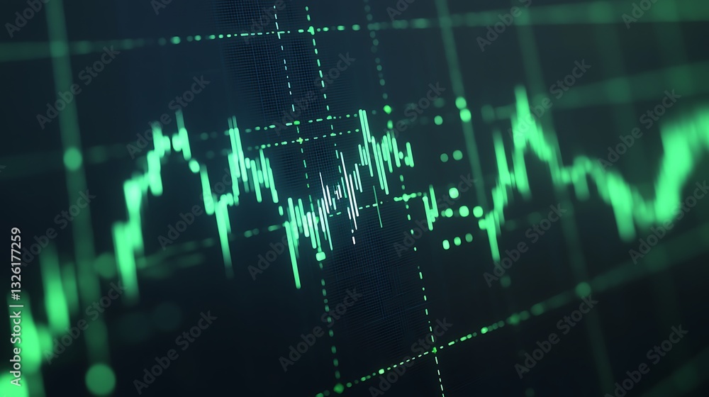 Poster abstract financial chart with rising graph lines and data points in green and black digital design